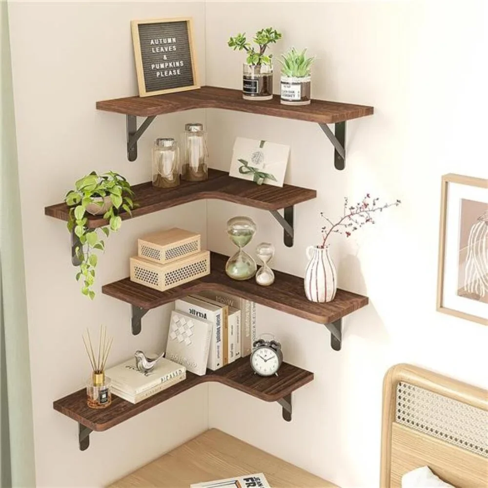 Floating Shelves for Wall, Rustic Wood Wall Mounted Corner Shelf for Bathroom